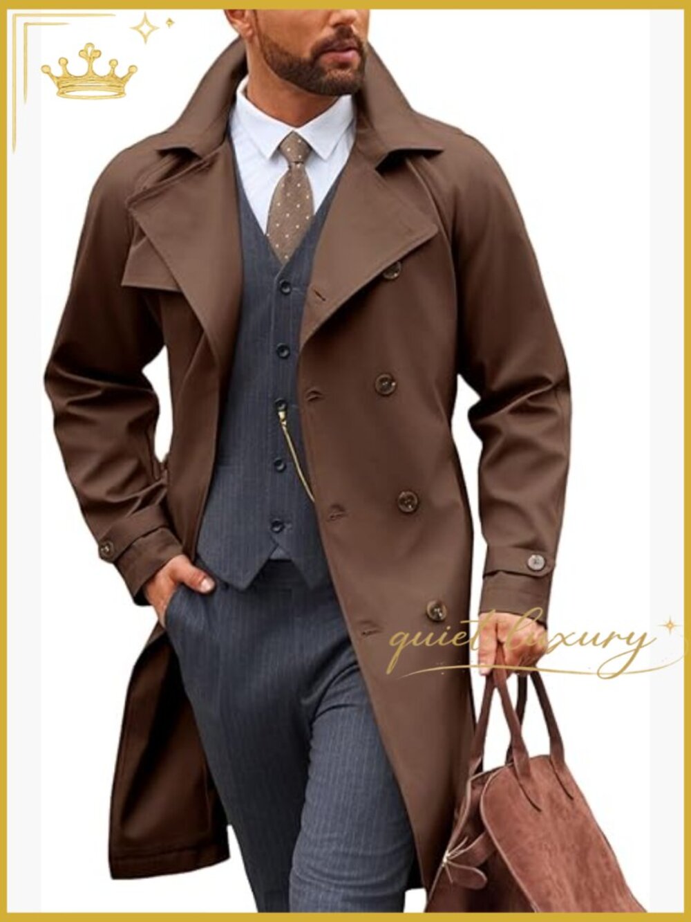 Double Breasted Notched Lapel Belted Trench Coat Overcoat
